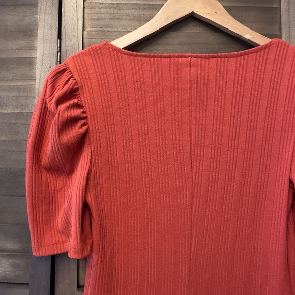 Nine West Women's‎ Ribbed Dress Sz M Burnt Orange Body Con Midi Puff Sleeves - Picture 9 of 11